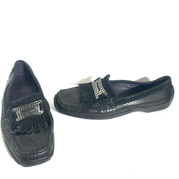 Donald J. Pliner Black Snake Textured Leather Buckle Loafers Danie Size 8 Womens - Picture 2 of 12